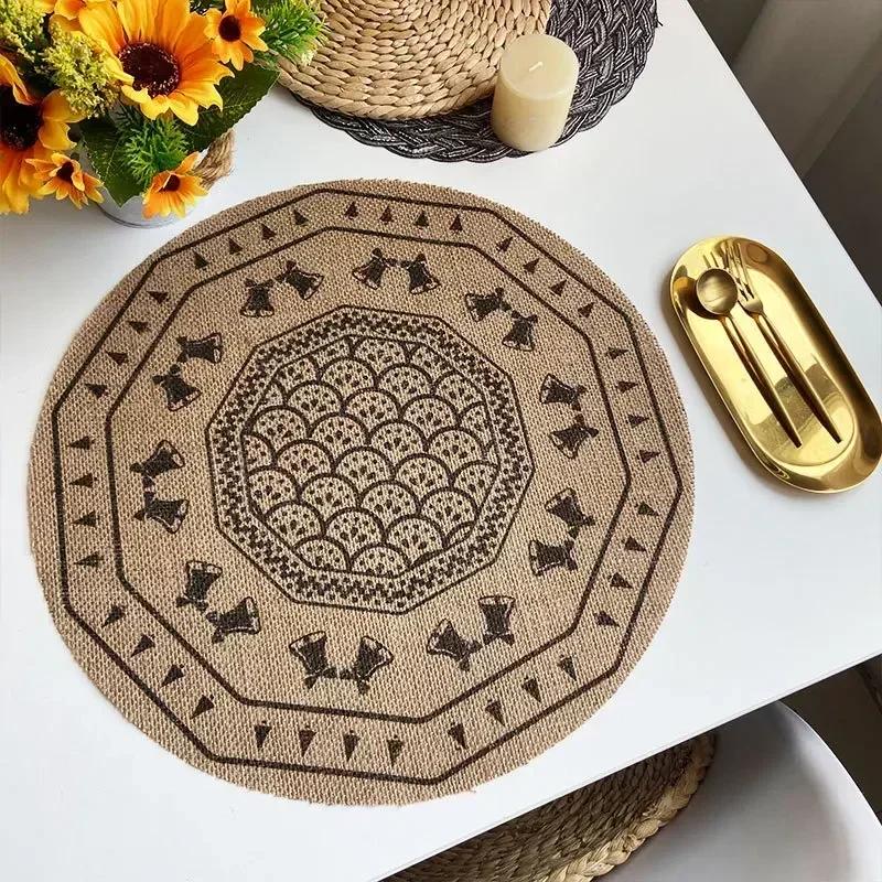 Jute Table Mats Christmas Woven Placemat Ins Printed Hairball Thermal Insulation Mat Retro Cotton and Linen Decorative Mat