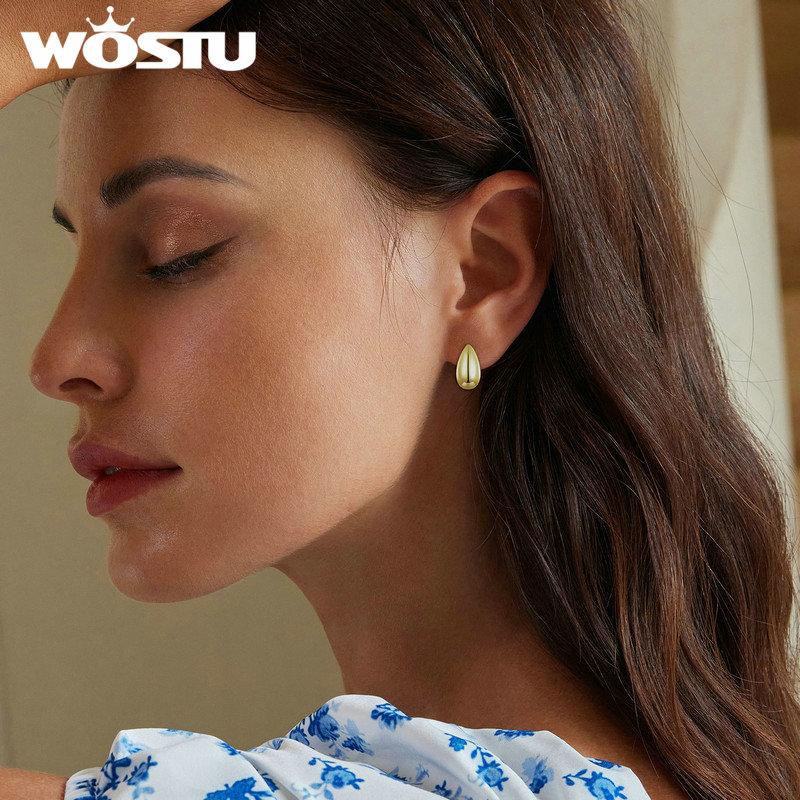 WOSTU 925 Sterling Silver 18K Gold Glossy Waterdrop Earrings Teardrop Stud Earrings Women Euro Simple Pendientes Jewelry Gift