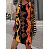 3D Retro Geometric Pattern Printed Dress, Autumn Long Sleeved Round Neck Casual Mini Dress