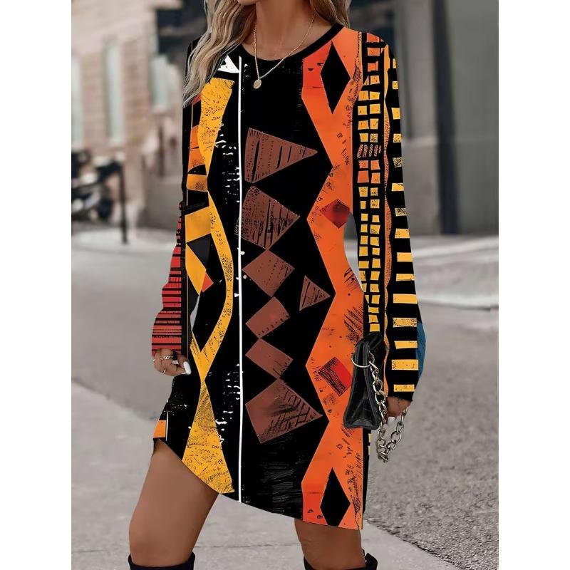 3D Retro Geometric Pattern Printed Dress, Autumn Long Sleeved Round Neck Casual Mini Dress