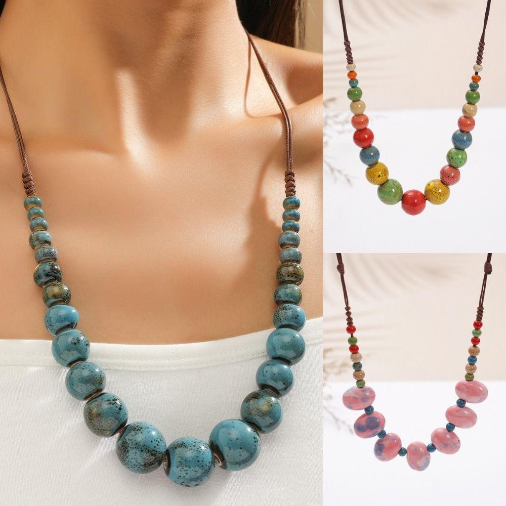 Choker Colored Beads Necklace Exaggerate Ethnic Style Necklace Bohemia Ceramic Necklace  Gift