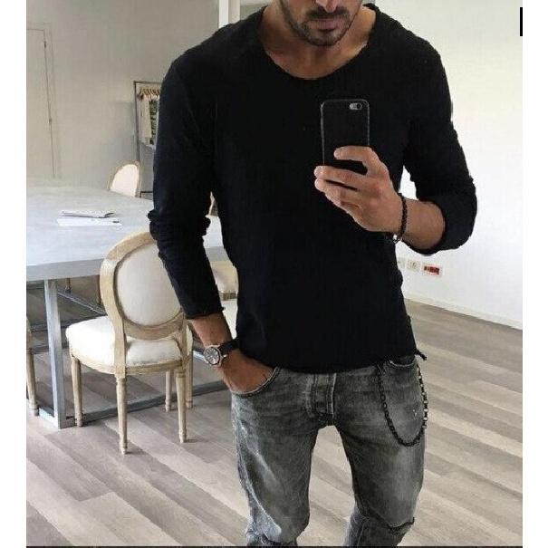 

Men s youth fashion personality slim fit with fringed edges solid color long sleeved men s T-shirt spring and autumn top M чорний