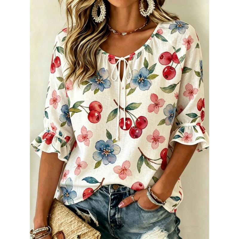 Women's Pink Floral Embroidered Tie Neck Blouse, Casual Loose Tops for Spring Summer Daily Wear & Vacation Occasions
