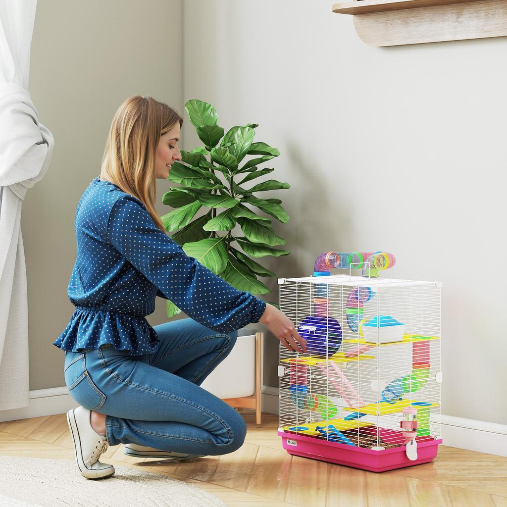 Hamster Cage, 5-Tier Rodent Cage, Tunnels, Feeder, Wheel, House, Ladders, 46 x 30 x 58 cm, Pink