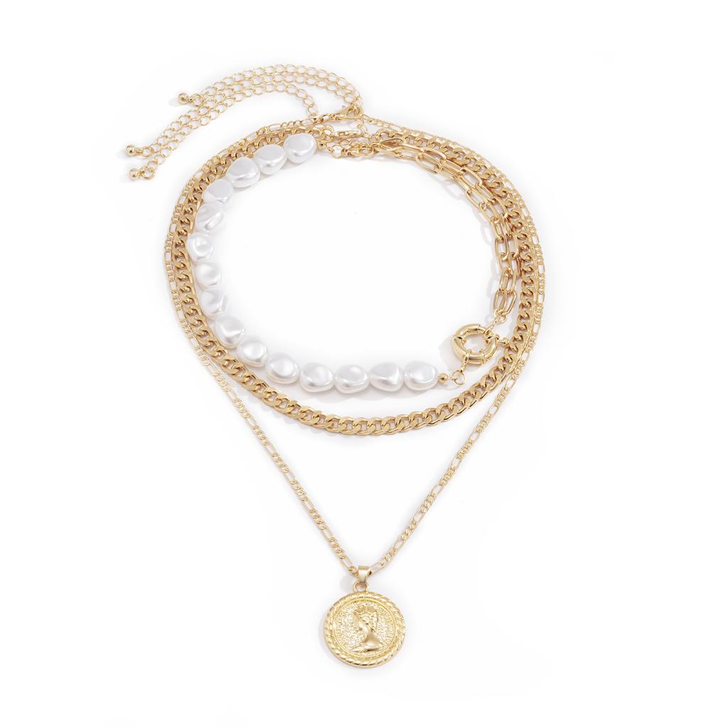 3Pcs/Set Goth Baroque Imitation Pearl Coin Portrait Pendant Choker Necklace for Women Vintage Link Chain Aesthetic Wed Jewelry
