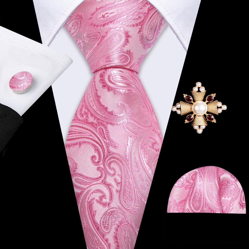 Pearl Brooch with Silk Tie for Men Vintage Floral Teal Necktie Hanky Cufflinks Gift Formal Set