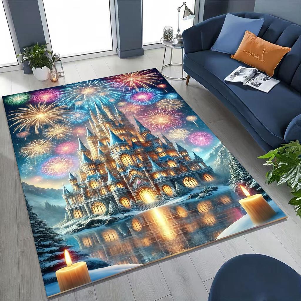 Enchanted Fairytale Princess Castle Gothic Castle Cartoon Rug for Bedroom Living Room Sofa Home Doormat Decor, Kids Non-slip Mat