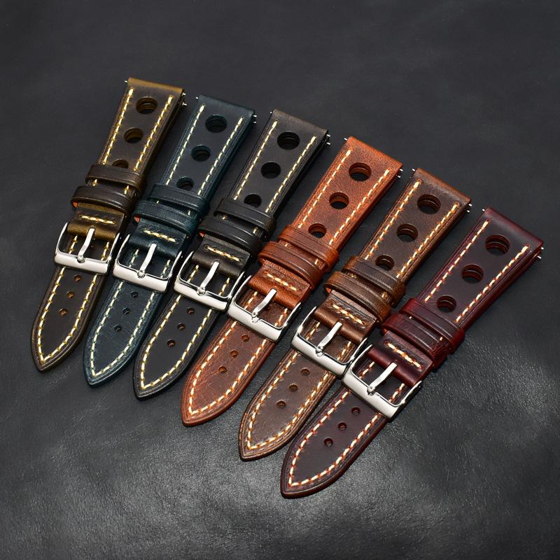 High Quality Oil Wax Cowhide Watchbands 22mm 24mm Genuine Leather Watch Band Strap Belt Ventilated Design Men's Ultra-Thin Brace