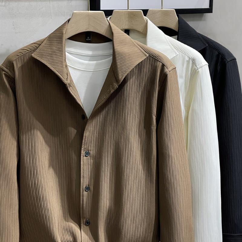 Men's Khaki Vertical Striped Long Sleeve Shirt Casual Oversized Streetwear Top