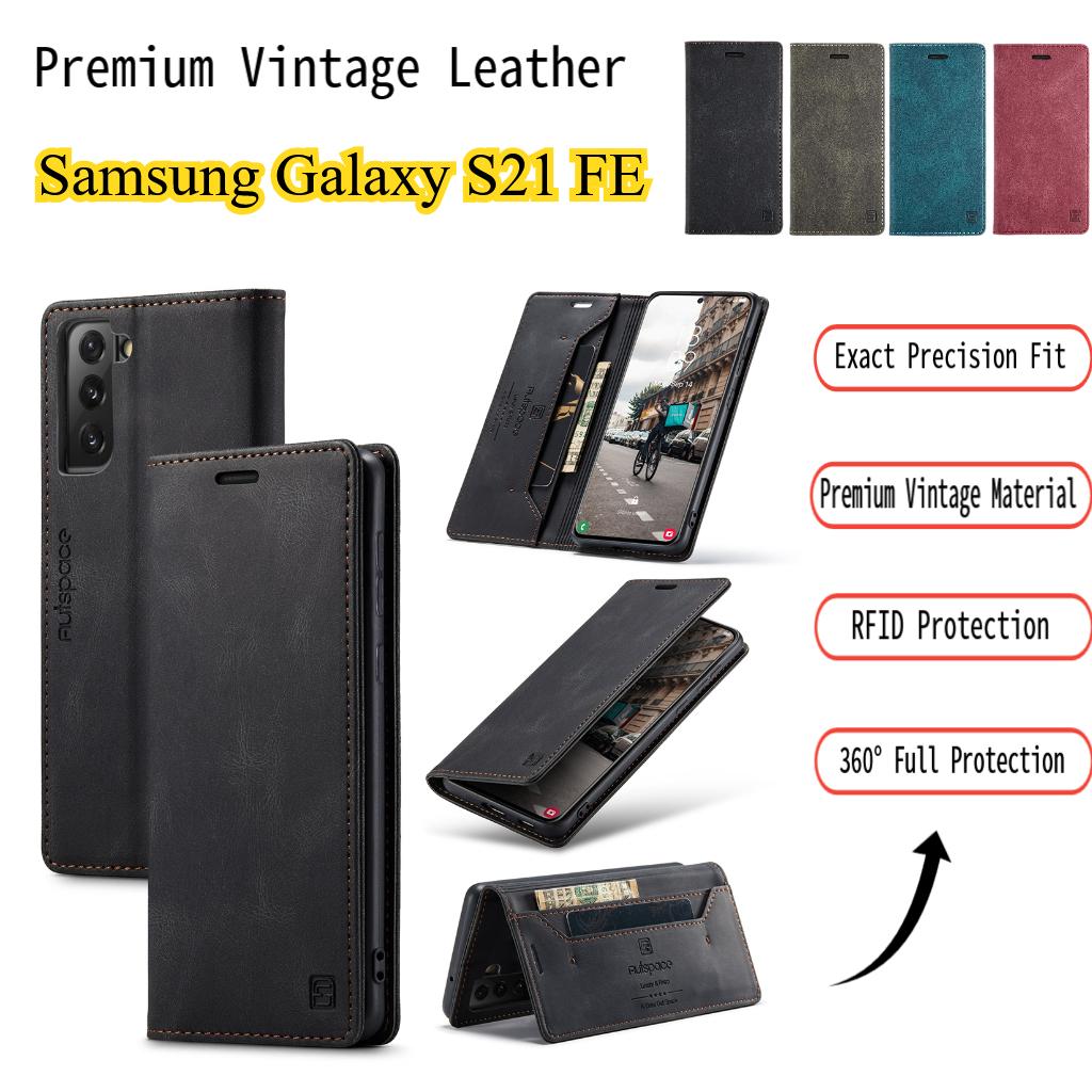 Premium Vintage Leather Wallet Case for Samsung Galaxy S21 FE- Flip Cover with Card Slots, Shockproof Retro Style (4 Colors)