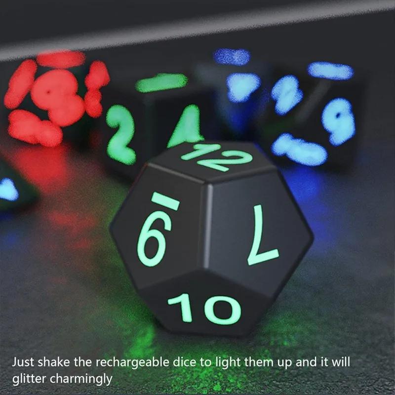 USB Rechargeable 7PCS Light Up Polyhedral Dice Set with Pouch Glowing LED DND RPG Table Game Dice for Gamer Gift