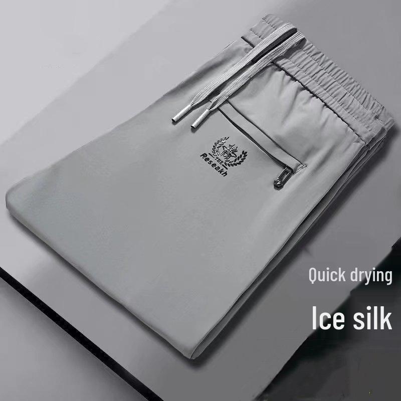 Men's Summer Ice Silk Quick-Dry Pants, Casual All-Match, Elastic Waist, Large Size, Suitable for Middle-Aged and Young Men.