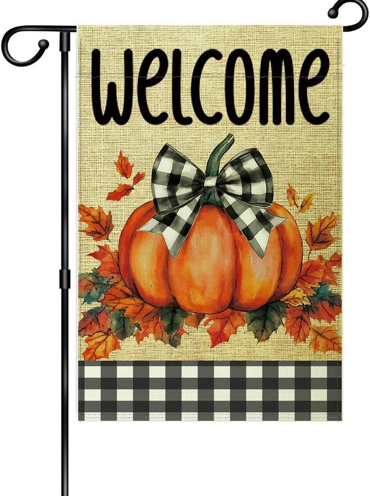 Pumpkin Welcome Garden Ag 12x18 Inch Double Sided Outside, Big Pumpkin with Welcome Banner Porch Yard Patio Outdoor Decora SSL