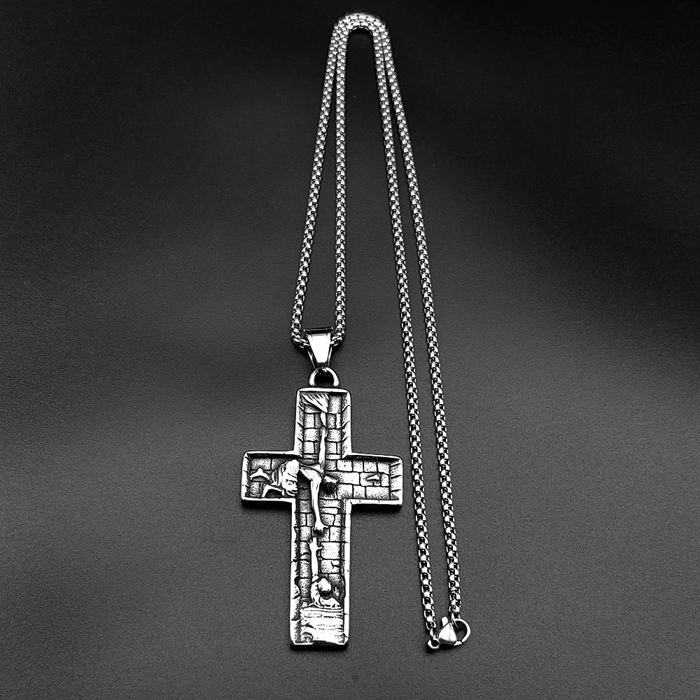 Collares Colgantes Cruz Salvador Crucifijo de Jesucristo Cristiano de Acero Inoxidable para Hombres Mujeres Color Plata Cadena Vintage Joyería Regalo
