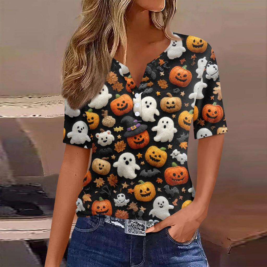 Women's T Shirt Tee Halloween Printed Button Short Sleeve Tunic Daily Weekend Fashion Basic V- Neck Regular Top