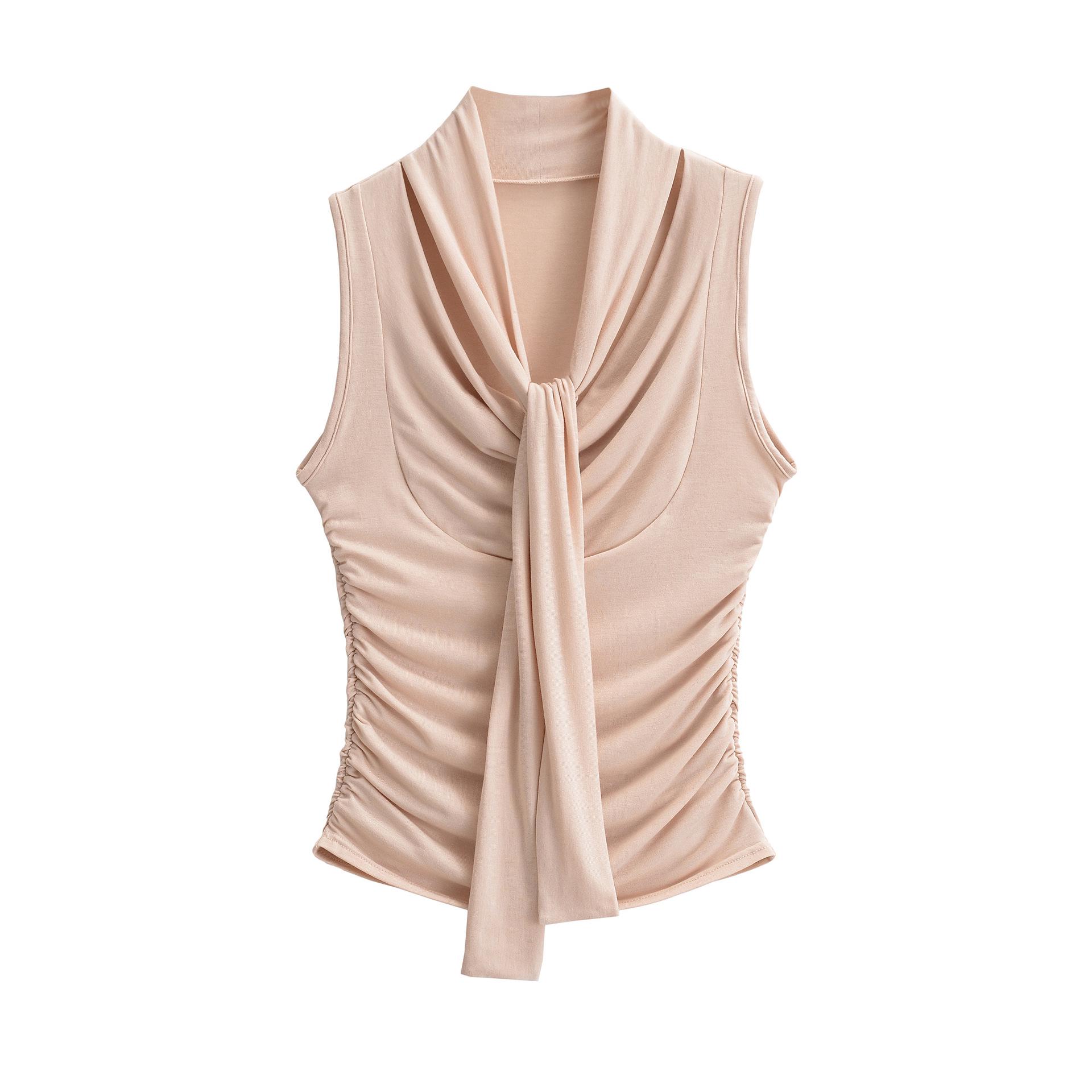 Korean Style V-neck Sleeveless Ribbon Top: Versatile, Pleated Waist, Slimming Fit for Women Small розовый