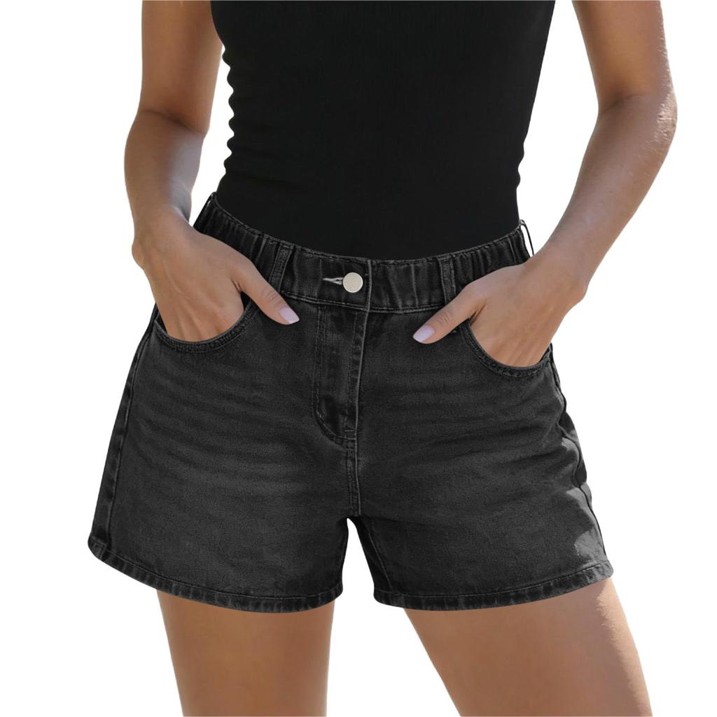 Women’s Denim Shorts High Waist Elastic Waistband Casual Loose Fit Five Pocket Design Button Fly Summer Shorts