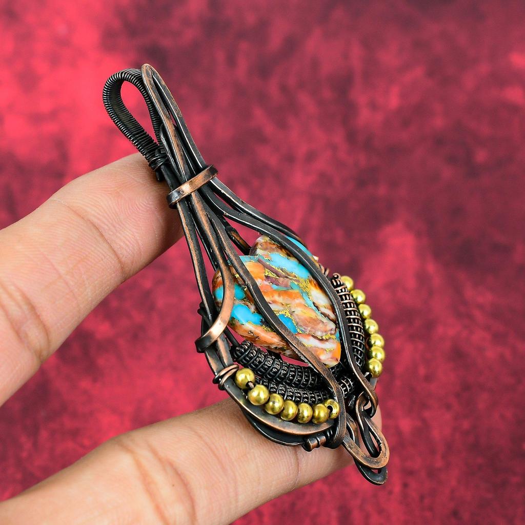 Spiny Oyster Copper Turquoise Pendant Copper Wire Wrapped Pendant Handmade Jewelry Gemstone Pendant Copper Jewelry For Gifts Antique Jewelry