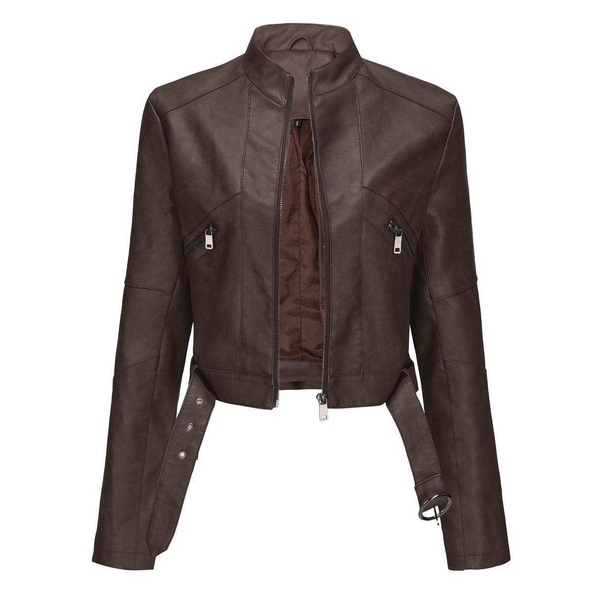 

Женские куртки из искусственной кожи с принтом тай-дай, воротником-стойкой, длинными рукавами, застежкой-молнией, укороченным топом, матовым покрытием, стильным коротким пальто-бомбером, мотоциклетной курткой в стиле панк M коричневый