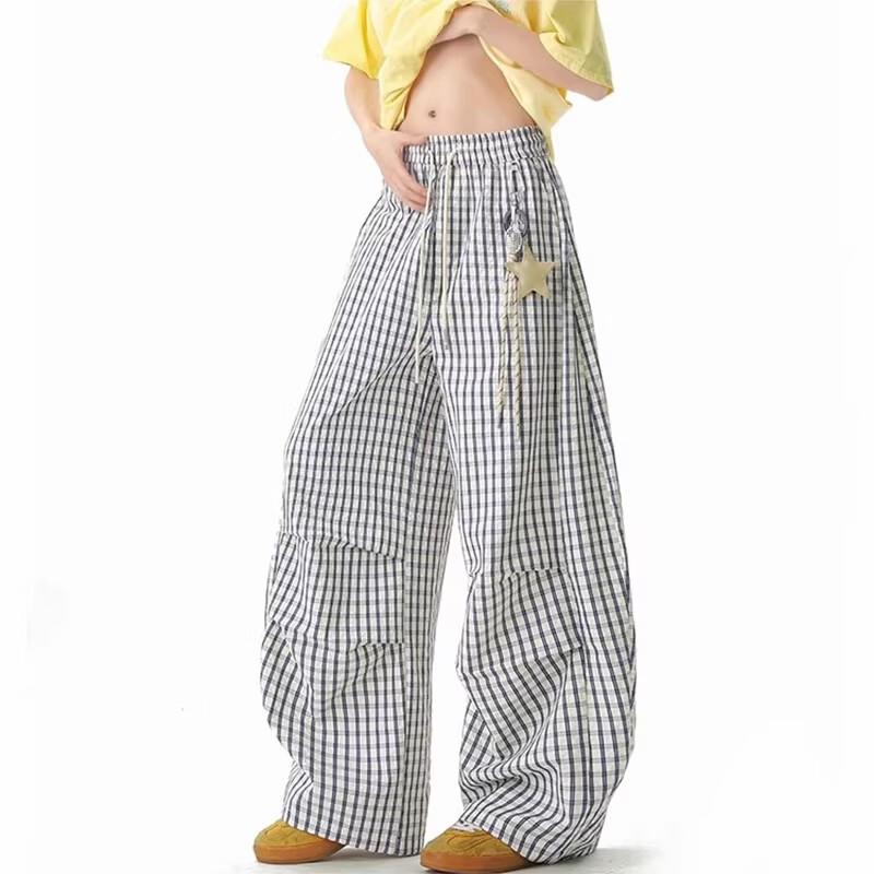 

BWKA Unisex Star Pendant Blue Plaid Wide-Leg Casual Pants L