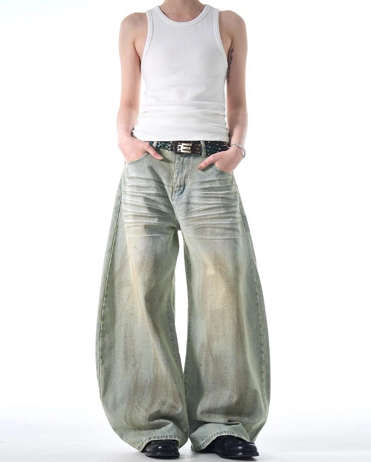 Retro American Scythe Jeans: Unisex Loose Fit, Distressed & Spray-Painted, Punk Wide-Leg Style