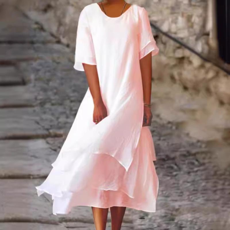 

Летнее хлопково-льняное двухслойное платье с цветными блоками, разрезом, короткими рукавами и круглым вырезом S розовый