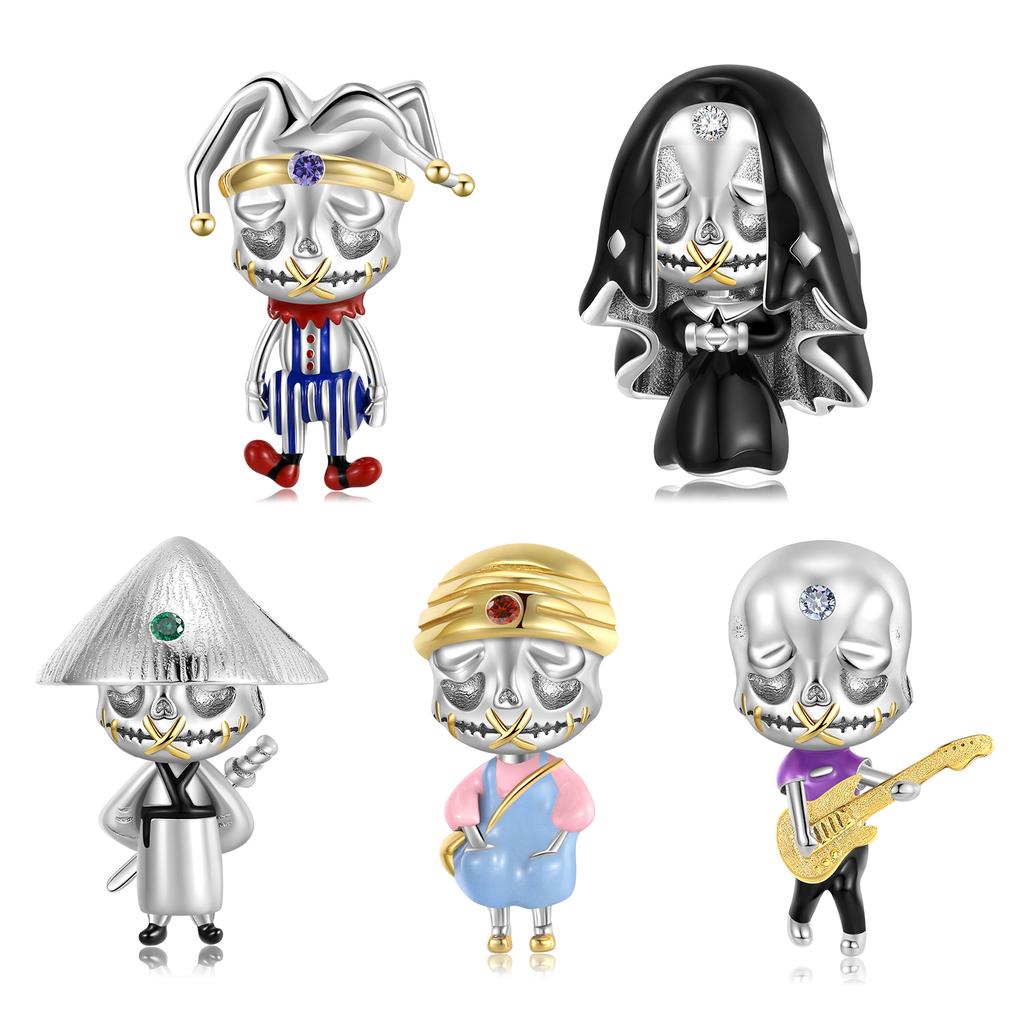 Guitar Skull Cartoon Charm 925 Sterling Silver Gentleman Clown Skeleton Enamel Beads for Women Charm Bracelet Jewelry Dropshipping