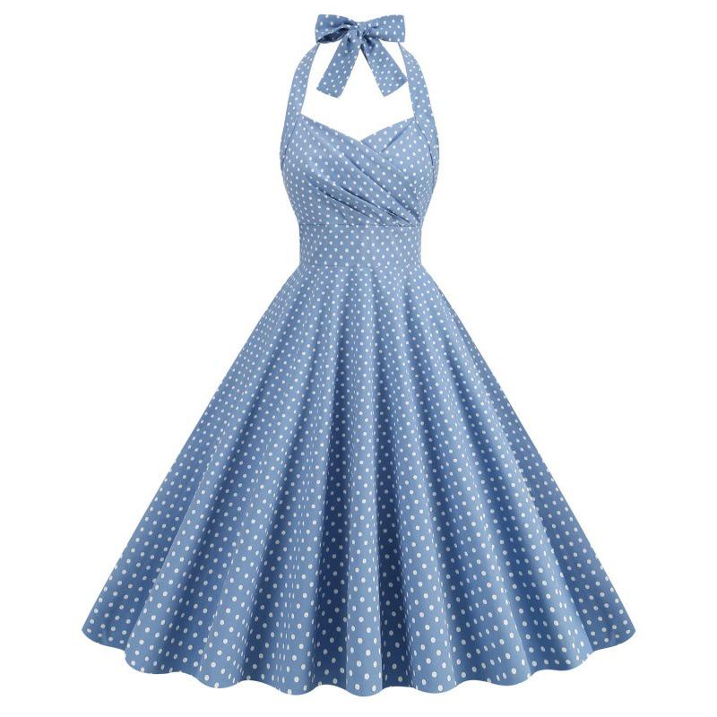 2023 Retro Polka Dot Halter Neck Backless Waist-Cinched Flare Skirt