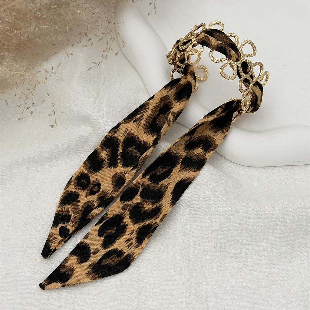 2026 Leopard Print Silk Scarf Cuff Bangles Polka Dot Ribbon-Wrapped Metal Wide Bracelet Retro Adjustable Ethnic Style Wristband