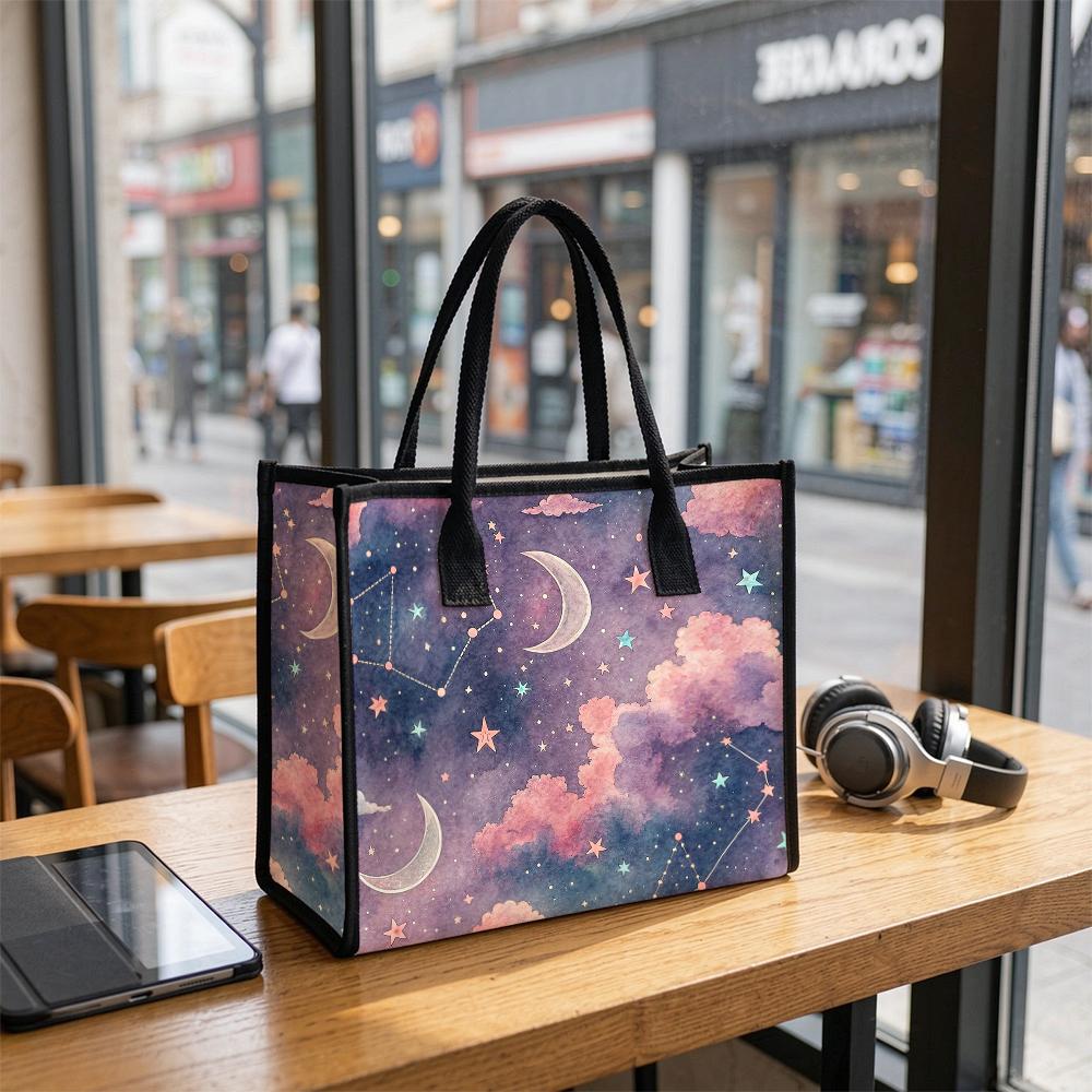 Women Star Moon Print Tote Bag Fashion Casual Daily Shoulder Handbag Large Capacity Reusable Shopping Purse