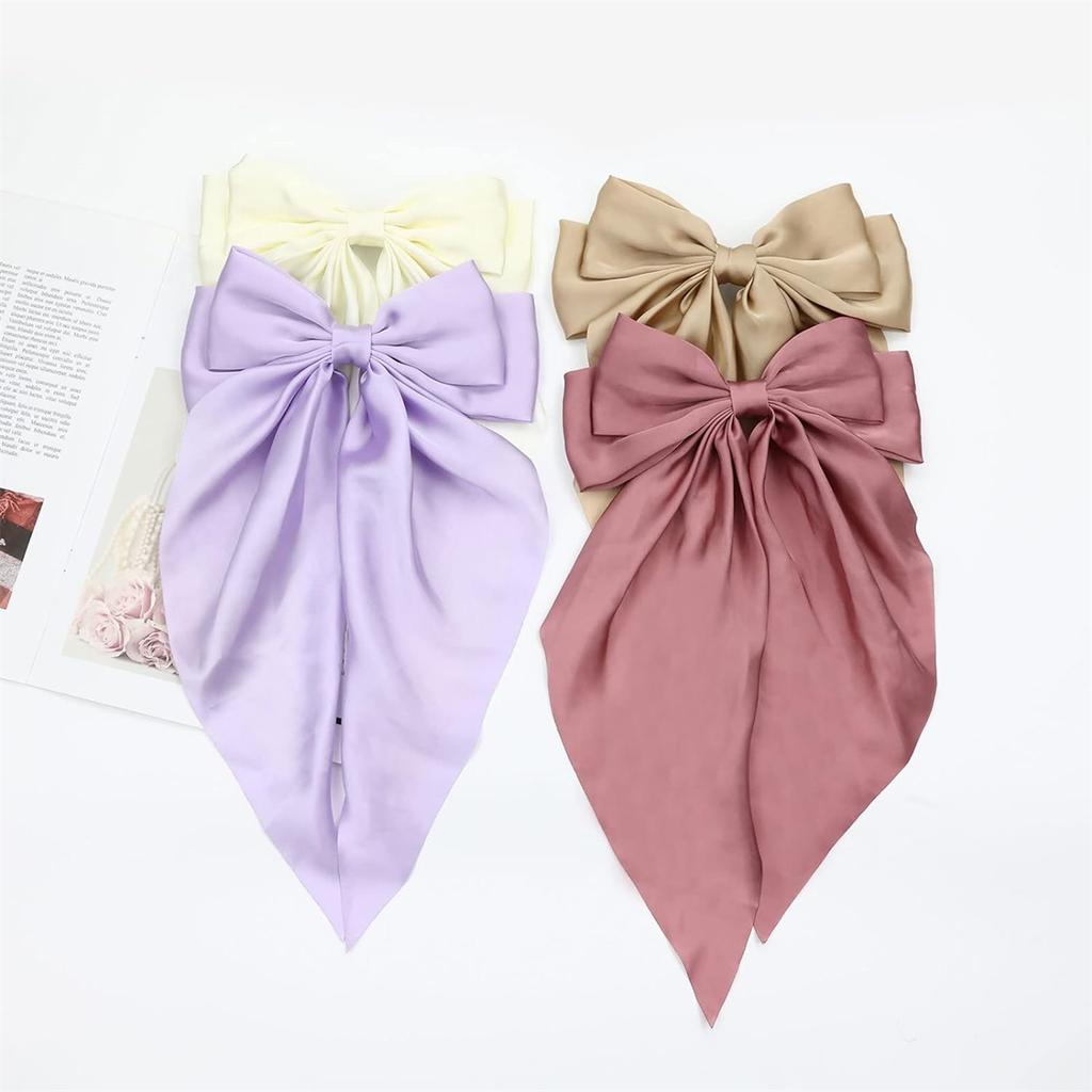 4/8pcs Ladies Satin Large Ribbon bow Oversized bow Long tail hair clip spring clip ponytail Hair accessorie
