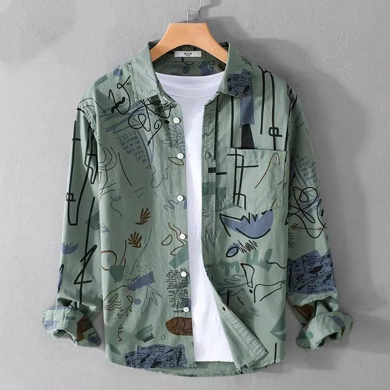 

Printed Men s Long-sleeved Shirts High-end Design Niche Shirts Autumn New Thin Jackets Trendy XL зелений