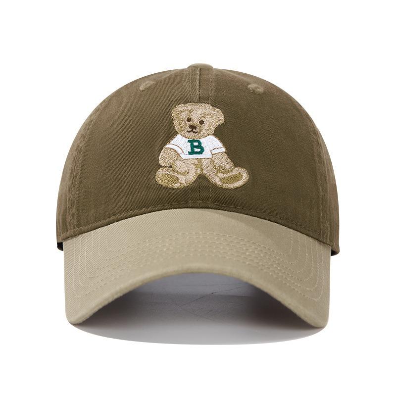Retro color matching bear embroidered baseball cap sweet and cute versatile peaked cap big head circumference wide brim shows small face