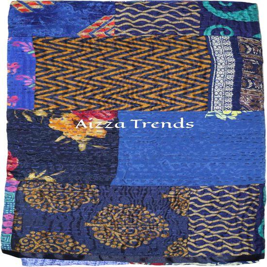 Aizza Trends Cuvertură Kantha din bumbac pur lucrată manual - Pătură decorativă tradițională indiană-Cuvertură vintage din sari de mătase de bumbac