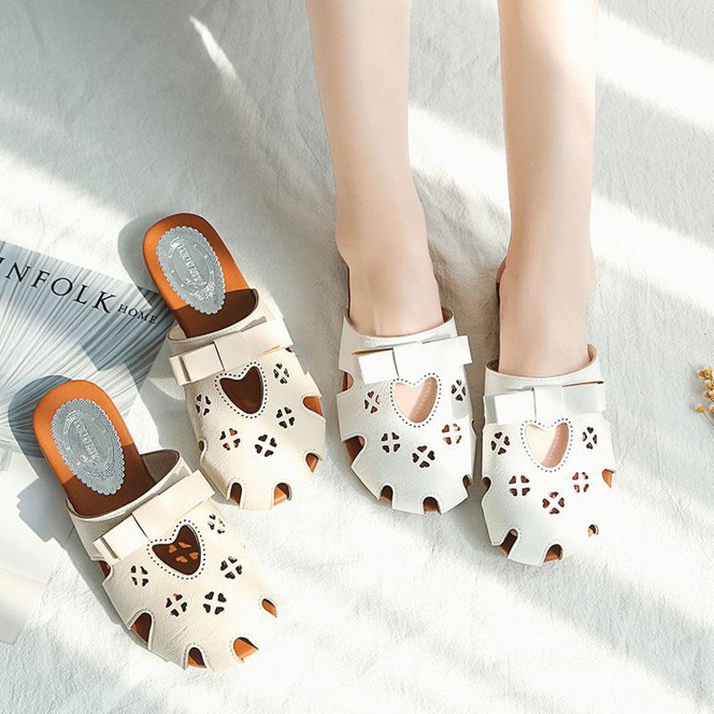 Women Sandals Slides Summer Sweet Bow-knot Outside Slippers Casual Ladies Beach Shoes Flat Heel Closed Toe Sandalias WSH4912
