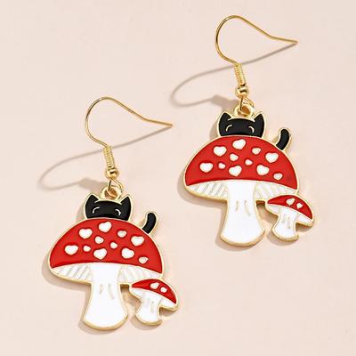 Student Jewelry, Metal Love Mushroom Naughty Black Cat Creative Earrings Cartoon Dripping Oil Cat Stud Earrings