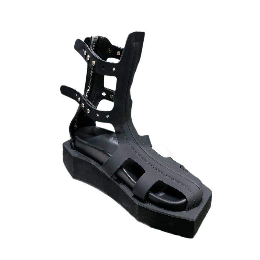 Summer new ins trendy medium tube net boots women's leather hollowed out thick-soled open-toed cool boots flat-bottomed bag head Roman sandals