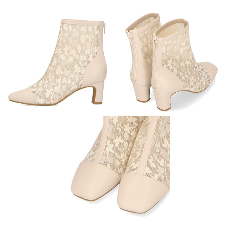 Fashion Short Tulle Floral Back Plate Style BEIGE [Oriental Traffic] Boots, Boots, Material, Pattern, Zipper, Heel, Up, Feminine,