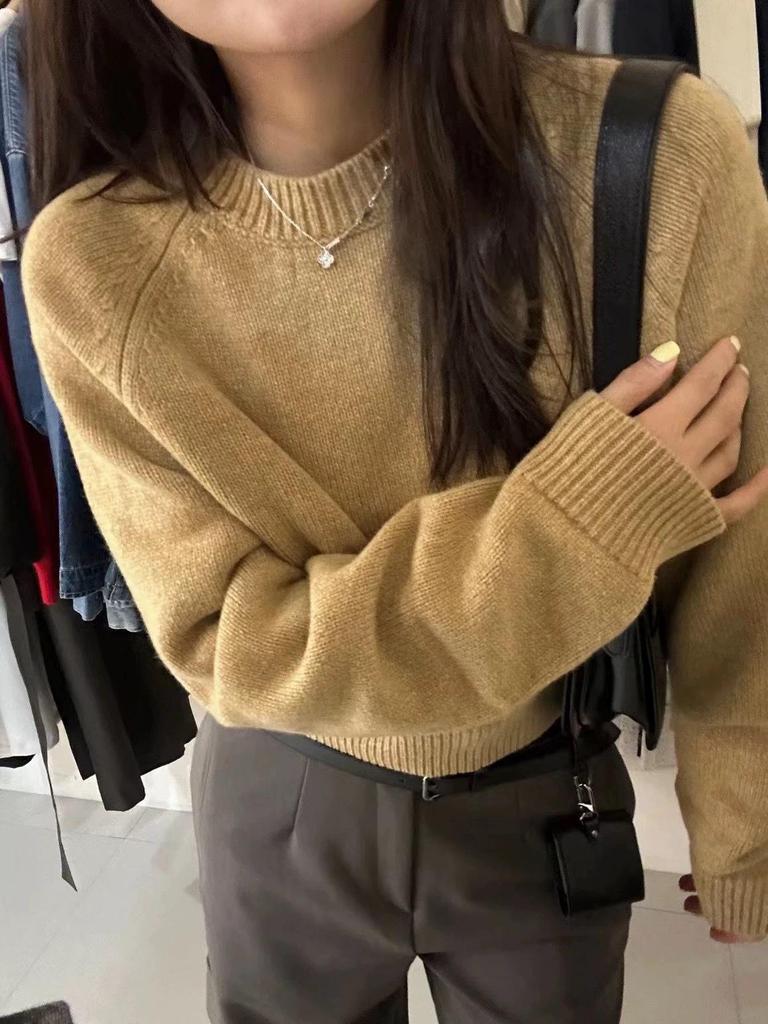Women's 100% Pure Wool Loose Knit Sweater - New Lazy Style, Thick Round Neck, High Waist, Short Design