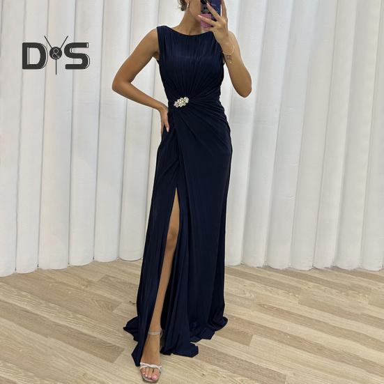 Rochie de seară pentru doamnă Tiv cu fantă plisată Lungime la podea Culoare unită Decor cu strass Fără mâneci Gât rotund Talie înaltă Decor cu strasuri Cocktail de bal