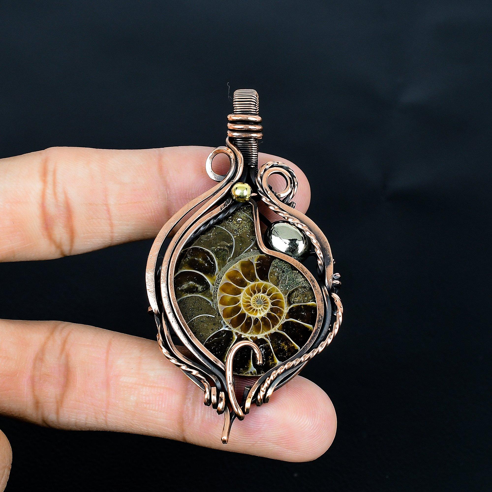 

Ammonite Fossil & Golden Apache Pyrite 999 Copper Wire Wrapped Pendant, Handmade Gemstone Jewelry Pendant For Memorial Day 2.55 Inches