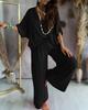 Summer Two Piece Set For Women Long Pant Sets V Neck Bat Sleeve Casual Loose Wide-leg Pants 2 Piece Set Solid Color Outfits