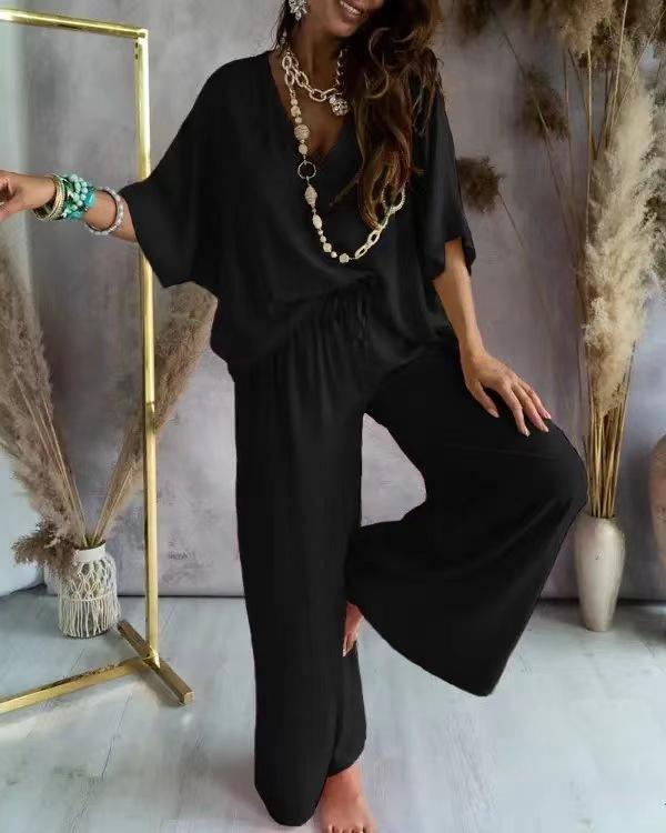 Summer Two Piece Set For Women Long Pant Sets V Neck Bat Sleeve Casual Loose Wide-leg Pants 2 Piece Set Solid Color Outfits