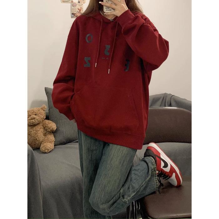 Autumn and winter ins lazy wind letter printing fleece hooded sweater thin women s 2025 trendy brand early autumn hoodie 3XL