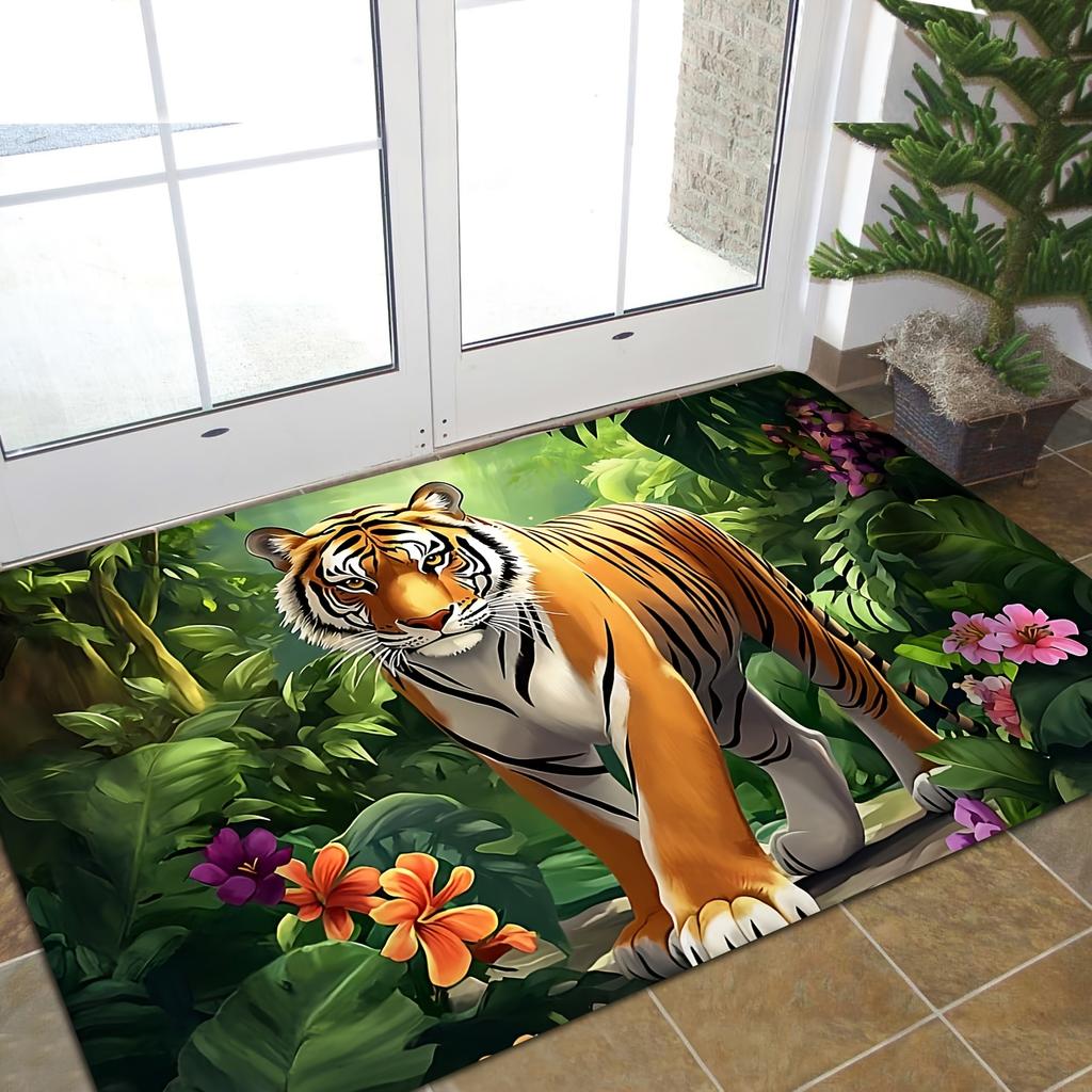 Tiger-Themed Soft Jungle Print Rug, Machine-Washable Wildlife Decorative Mat for Doorway Living Room Bedroom