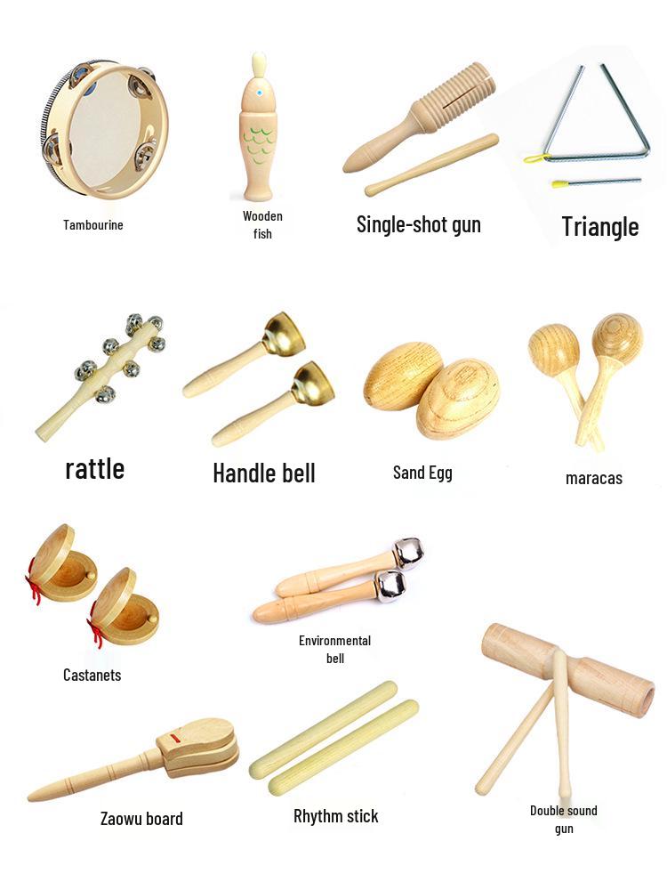 Children's Orff Percussion Instruments: Triangle, Castanets, Maracas, Tambourine, Wood Block, Cymbals