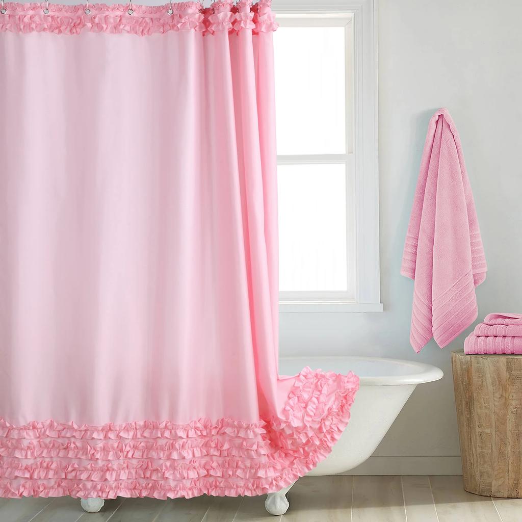 Ruffled Pink Modern Polyester Waterproof Fabric Solid Decoratived Farmhouse Shower Curtain