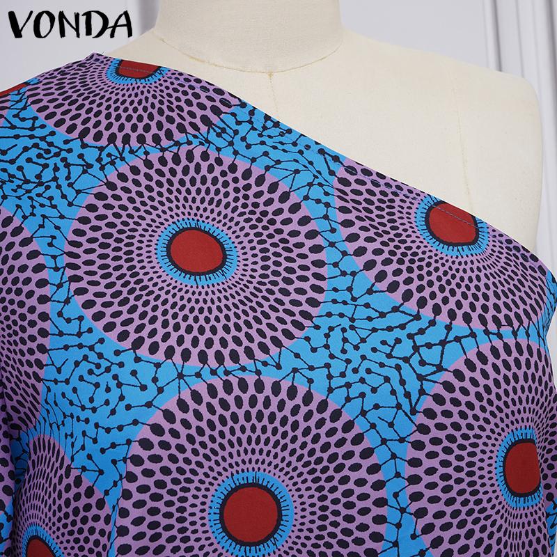 VONDA Women One Shoulder Dress Summer Strapless Floral Print Casual Splits Maxi Dress