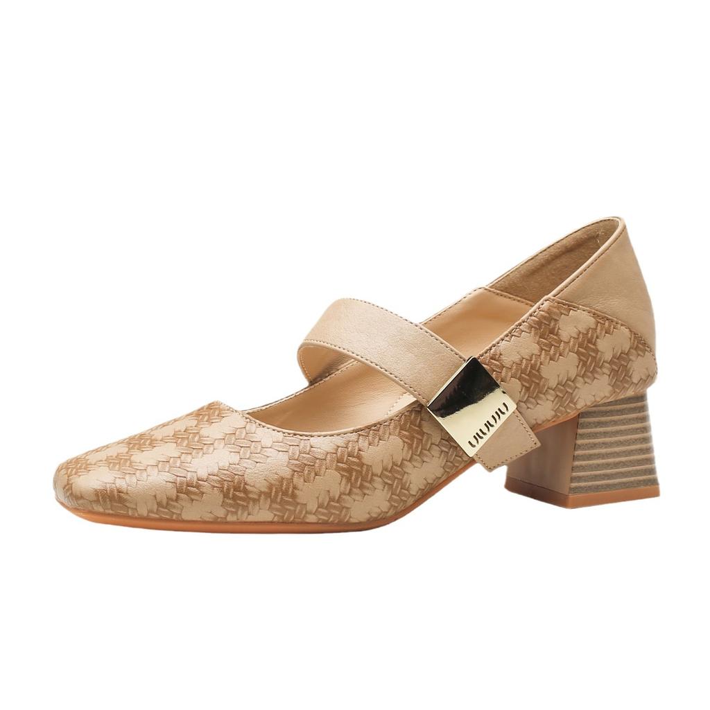 Square head single shoes women's new spring and autumn retro thick heel one-word buckle high heels color matching fashion women's shoes