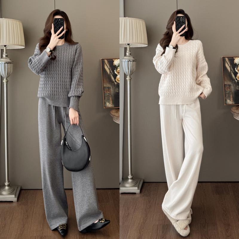 7703 Autumn/Winter New Fashion Cozy Cable Knit Sweater & Wide-Leg Pants Set